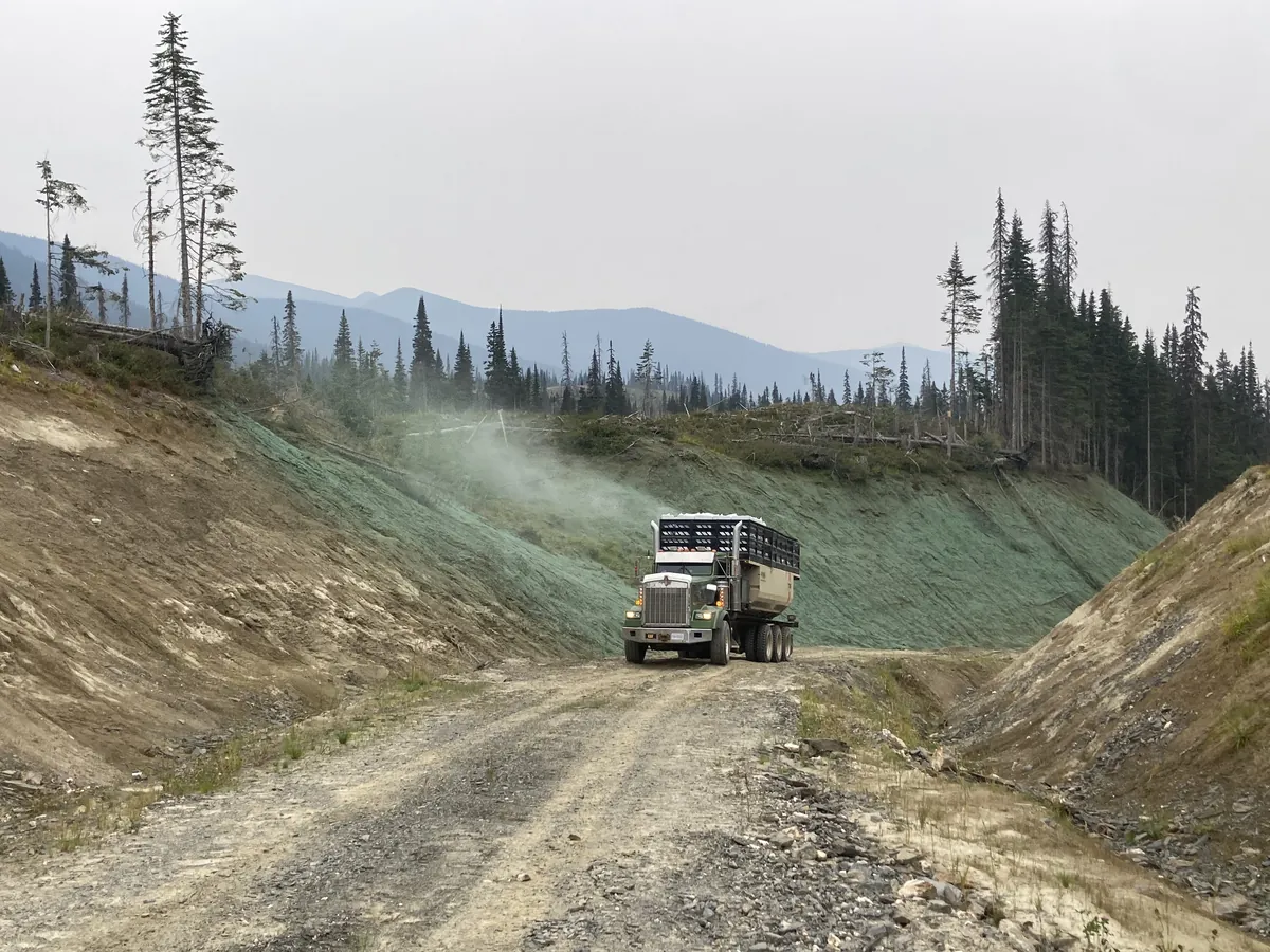Raincoast hydroseed truck on a remote BC mountain road